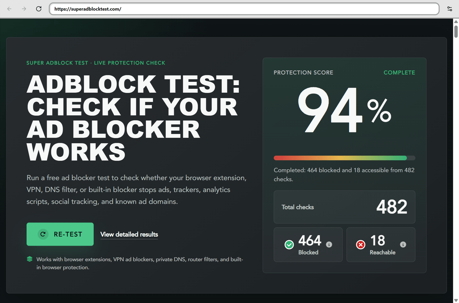 An ad blocker test open in Draggy's own browser window, reporting a protection score of 94 per cent across 482 tracker and ad domain checks.