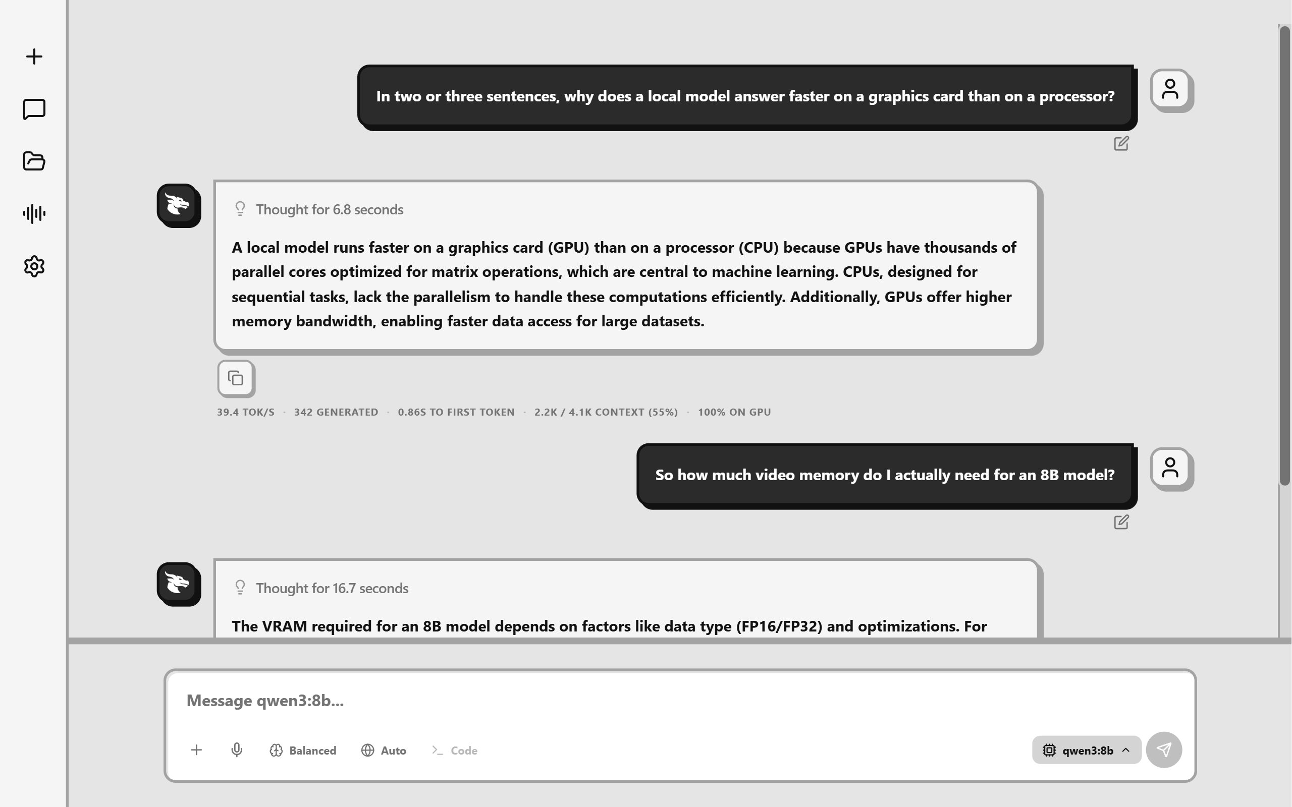 Draggy answering a question about graphics cards, with how long the model thought and how fast it answered shown under the reply.