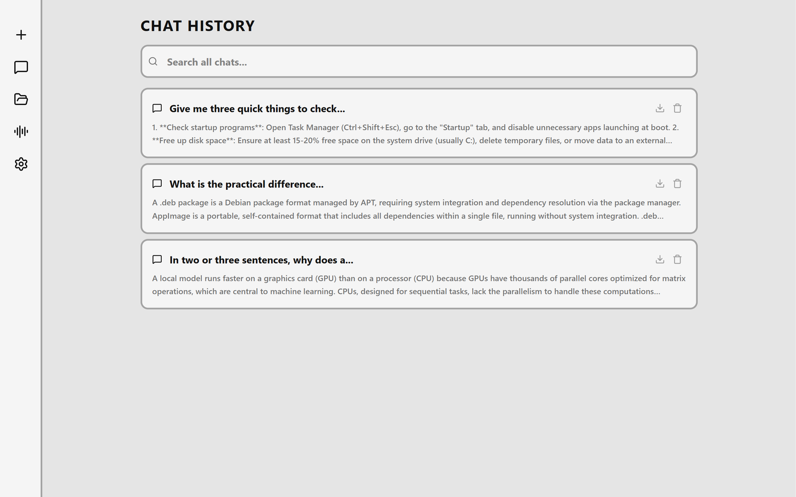 Draggy's chat history: a search box above saved conversations, each with a button to export it as Markdown.